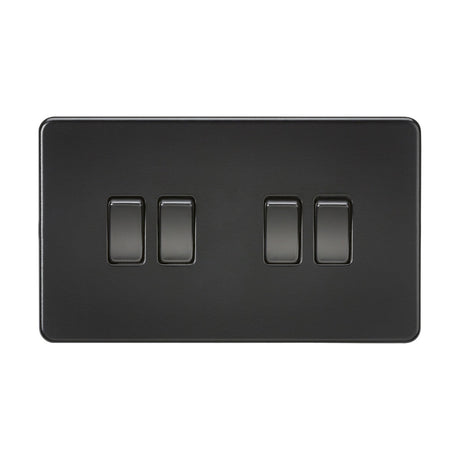 A sleek matt black light switch panel featuring four rectangular 10AX 2-way switches, noted for their modern, minimalist design. The screwless low-profile switches are arranged horizontally on a smooth rectangular plate, as seen in the 10AX 4 Gang 2-Way Switch - Matt Black (Screwless).