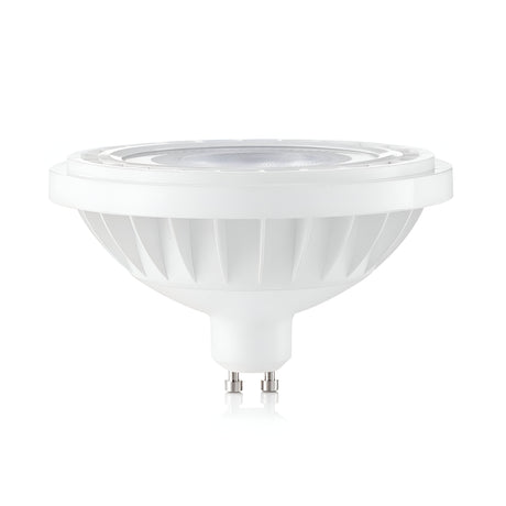 A 12W GU10 Non-Dimmable LED Bulb in white, featuring a circular disc-like shape with a textured surface and two prongs at its base, is displayed against a plain white background. This example of energy-efficient lighting offers a color temperature of 3000K.
