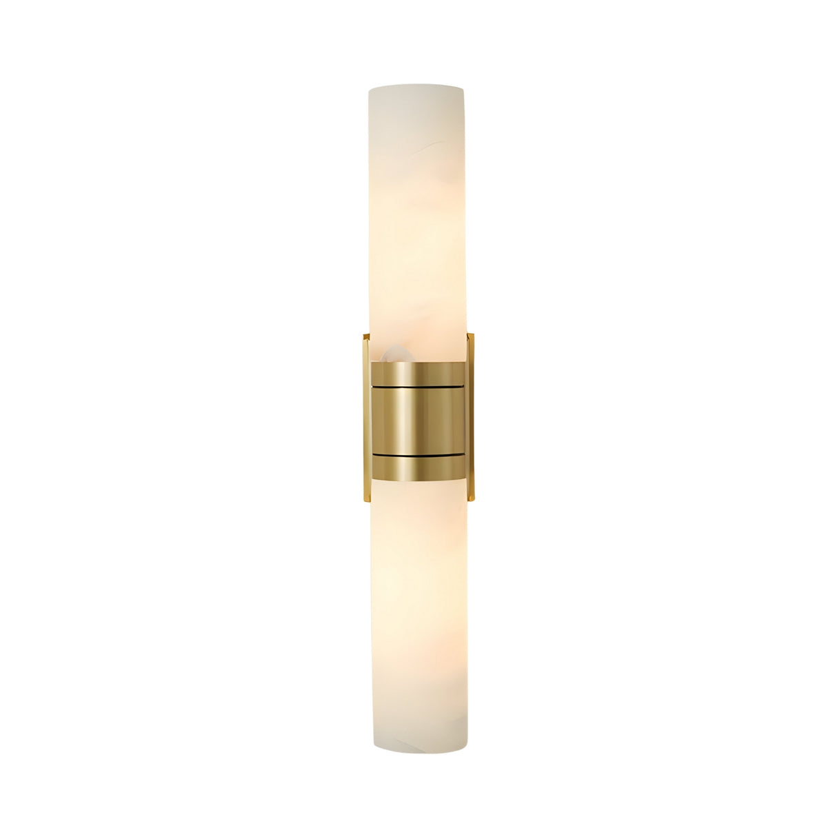 The Velaris 2 Light Double Alabaster Wall Light in soft white and brass offers a sleek, modern look with its dual white cylinders—perfect for contemporary interiors.