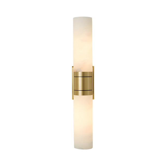 The Velaris 2 Light Double Alabaster Wall Light in soft white and brass offers a sleek, modern look with its dual white cylinders—perfect for contemporary interiors.