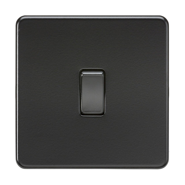 A 20A 1 Gang DP switch in matte black, featuring a screwless and low-profile design with a single centrally located toggle button. The switch is in the off position, designed for applications requiring a 20A rating.