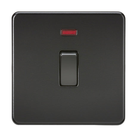 The 20A 1 Gang DP Switch Neon - Matt Black (Screwless) features a sleek rectangular design with a small red indicator light above the double pole switch, all centered on a plain black square plate.