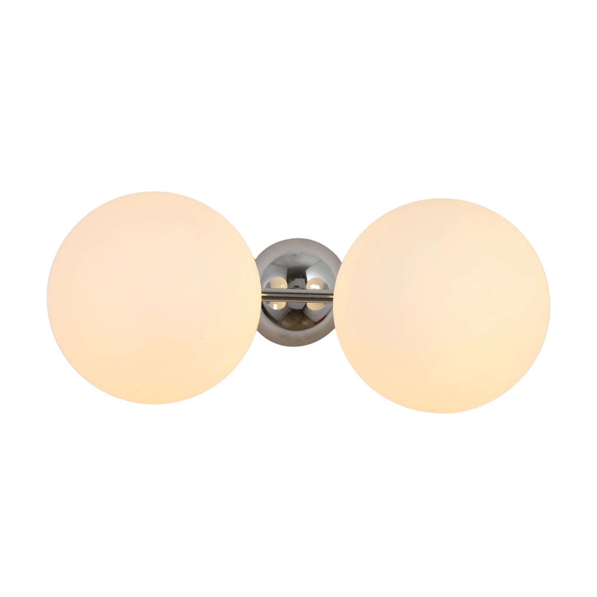 The Vetra 2 Light Opal Glass Wall/Semi-Flush Ceiling Light in grey features two illuminated opal glass globes on either side, providing warm light and a modern touch to any space.
