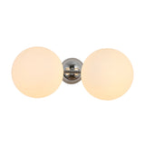 The Vetra 2 Light Opal Glass Wall/Semi-Flush Ceiling Light in grey features two illuminated opal glass globes on either side, providing warm light and a modern touch to any space.