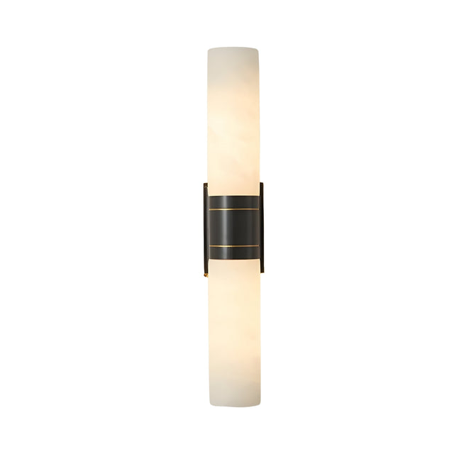 The Velaris 2 Light Double Alabaster Wall Light in soft white and black features a modern design with cylindrical alabaster shades, a central black mount, subtle gold accents, and emits a gentle, warm glow.