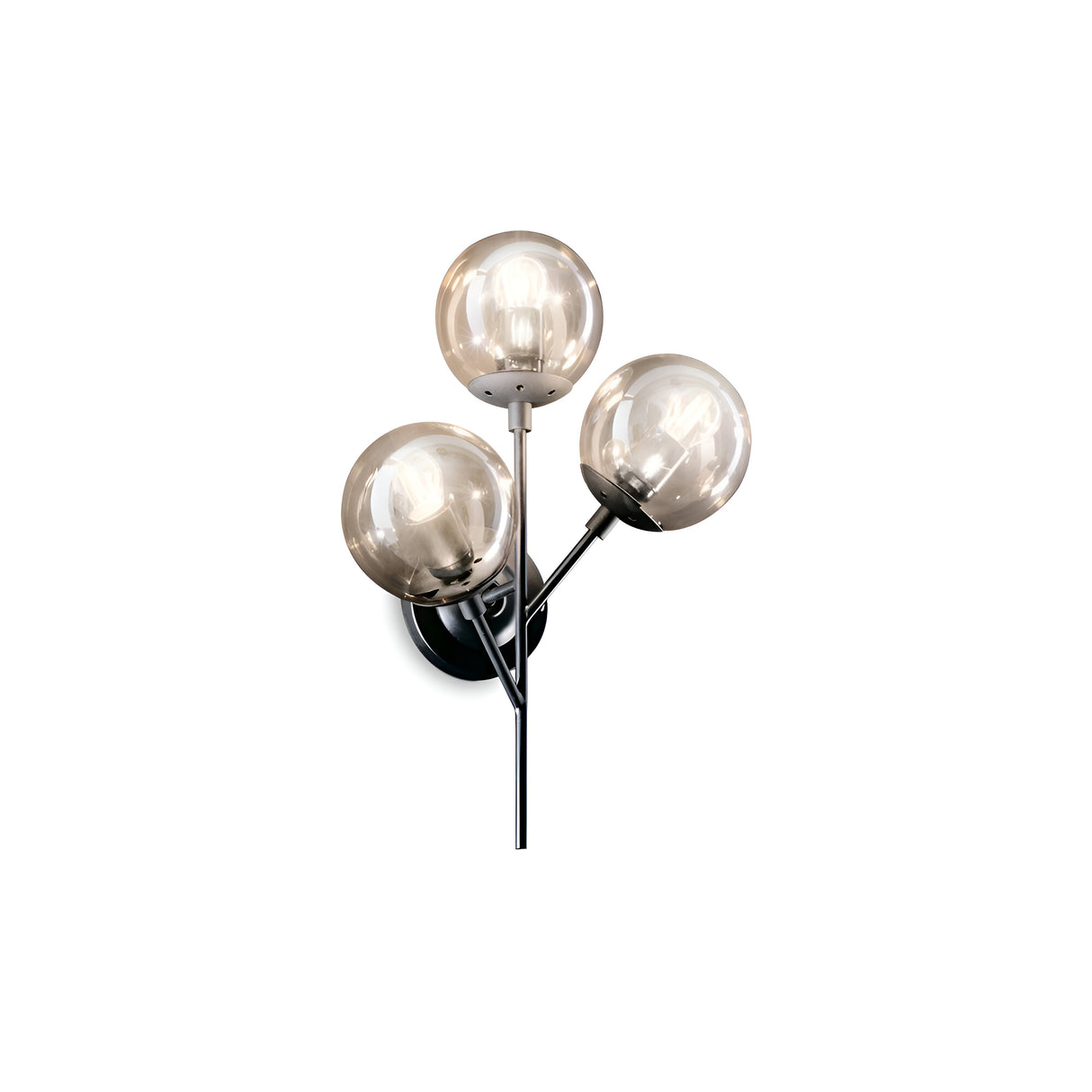 The Novara 3 Light Wall Light - Black boasts a sophisticated black metal design, highlighting three spherical, amber blown glass diffusers. These translucent bulbs are elegantly arranged on metal stems against a plain white backdrop, creating a modern aesthetic.