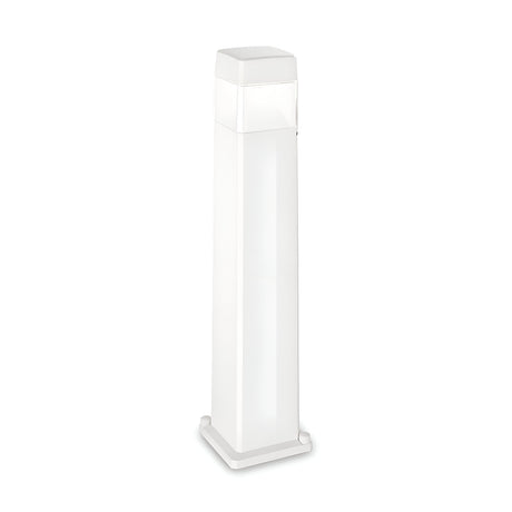 The Fluxen Outdoor Bollard Light - White features a tall, rectangular design with a square base and is ideal for outdoor use. Its minimalist style is enhanced by the dimmable GX53 bulb it houses, all showcased on a plain white background.