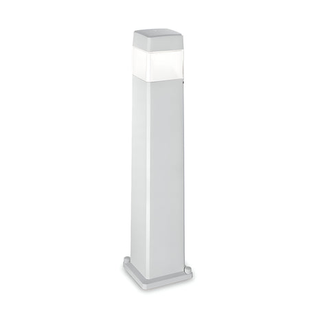 The Fluxen Outdoor Bollard Light - Grey is a tall, rectangular fixture made with durable aluminum. It features an IP55 rating and a frosted white top section designed for illuminating pathways or gardens. Its sleek, modern design includes a sturdy base and a smooth gray finish.