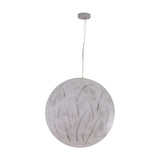 The Lunar Pendant Light - White is a round moon-inspired pendant with subtle gray leaf patterns, hand-painted for uniqueness, suspended gracefully by a thin wire from a compact ceiling mount.