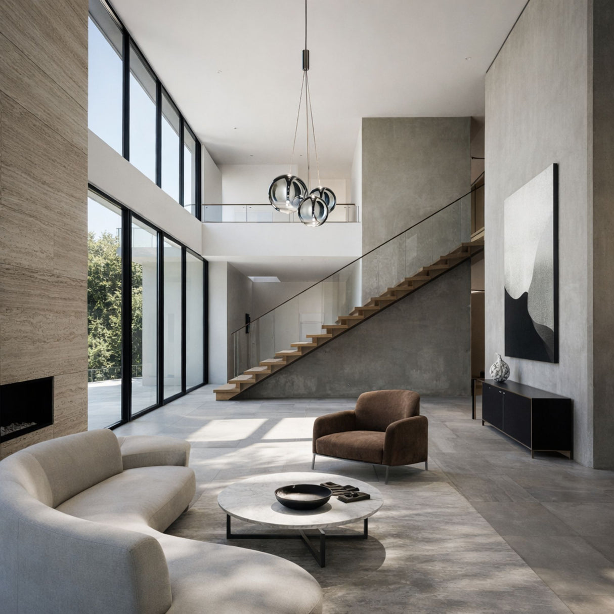 A modern, minimalist living room with large windows, neutral-toned furniture, a curved sofa, circular coffee table, brown armchair, floating wooden staircase, abstract wall art, and the Diverso LED Pendant Light - Chrome as a contemporary lighting fixture.
