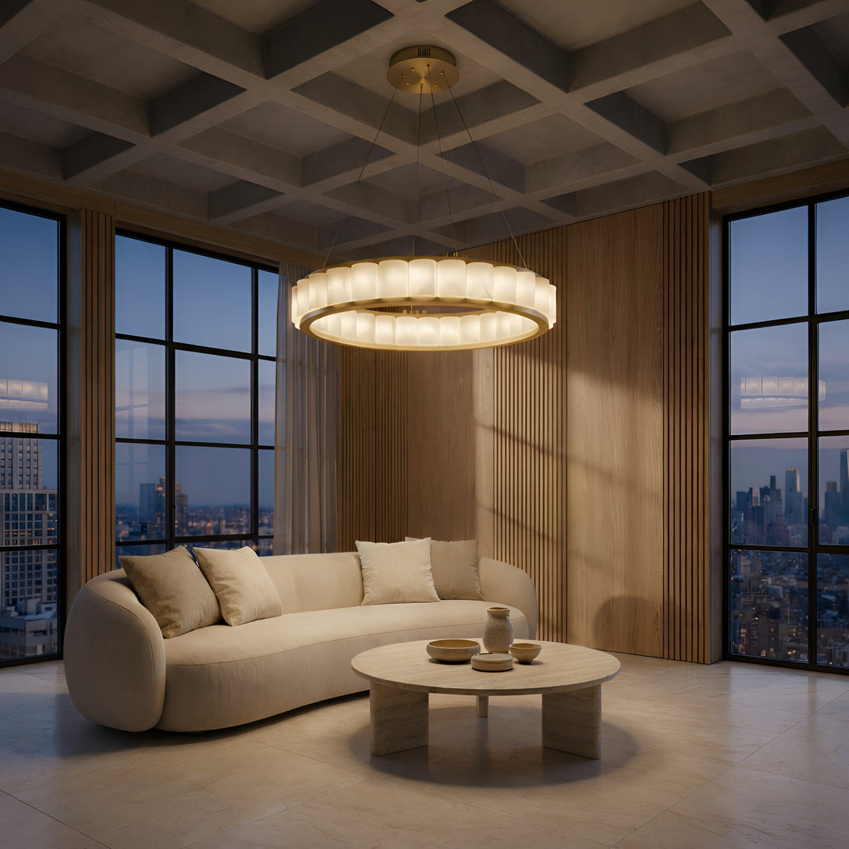 A modern living room with a curved beige sofa, round coffee table with pottery, large windows revealing a sunset city skyline, wooden panel walls, and the Orion 36 Light Ring Alabaster Chandelier in Soft White & Brushed Brass on a coffered ceiling.