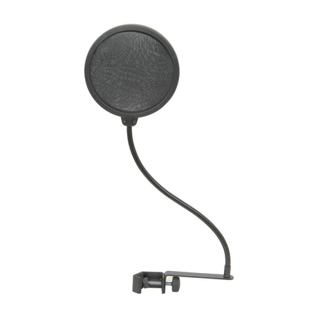 Citronic POP5 dual-layer 125mm round microphone pop screen with black mesh, flexible gooseneck and stand clamp, shown on a plain white background.