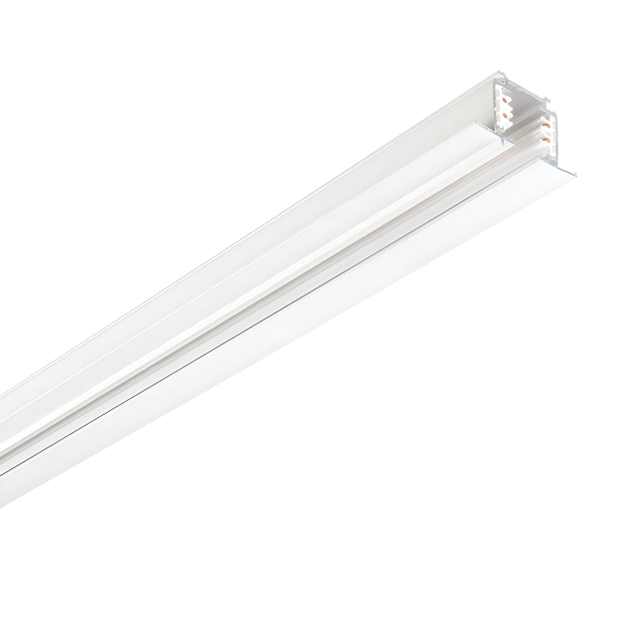 A Brillia 3-Phase Trim Profile Recessed Track 2m fixture in white, featuring an elongated rectangular shape, is displayed on a plain white background. This recessed track includes grooves and connectors for versatile lighting configurations during installation.