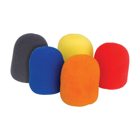 QTX Dynamic Microphone Windshields 5-pack with black, blue, yellow, orange and red foam covers arranged on a plain white background.