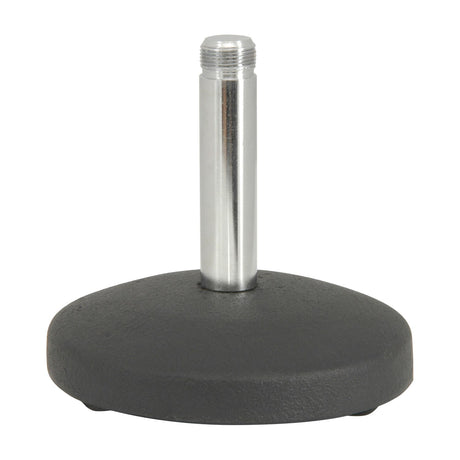QTX straight table top short mic stand from AVSL with a round matt black metal base and chrome threaded stem, shown on a plain white background.