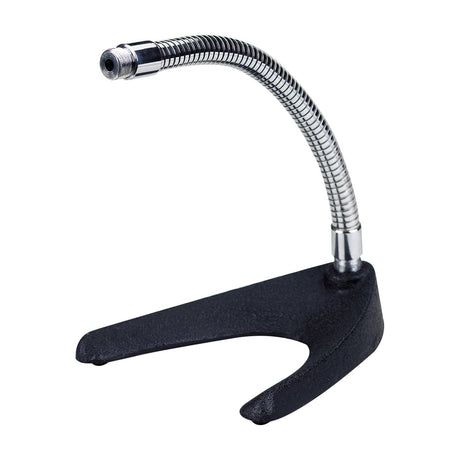 QTX V-Shape table microphone stand by AVSL with matt black metal base, rubber feet and flexible chrome gooseneck with 5/8" thread, on a white background.