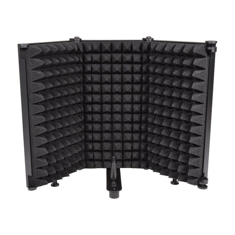 Citronic MIS-430P three-section foldable microphone isolation screen with black acoustic foam panels and central 3/8-inch mounting post, on white.