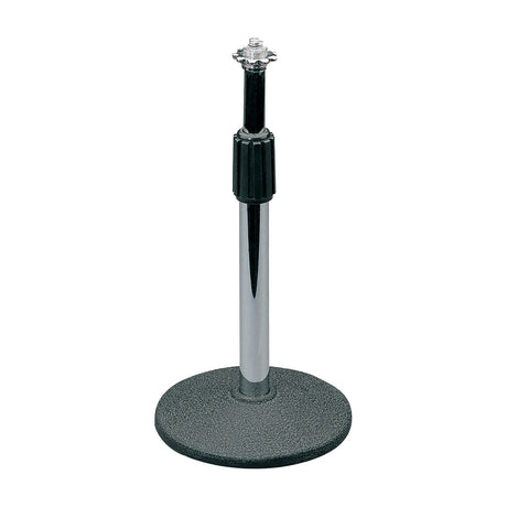 QTX telescopic table top mic stand by AVSL with a round matt black base, chrome extending column, black adjustment collar and 5/8" thread top.
