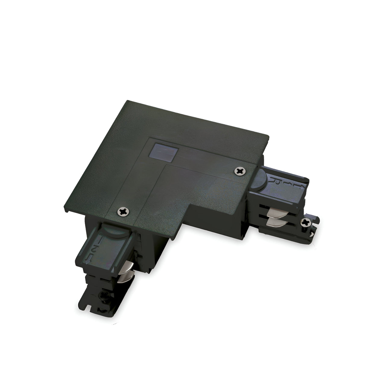 The Brillia 3-Phase L-Connector Track Left - On-Off in Black features two adjustable connectors on each end, designed for joining sections at a right angle. With its matte black finish and visible screws, this connector ensures robust power and control in your lighting setup.