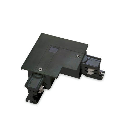 The Brillia 3-Phase L-Connector Track Left - On-Off in Black features two adjustable connectors on each end, designed for joining sections at a right angle. With its matte black finish and visible screws, this connector ensures robust power and control in your lighting setup.