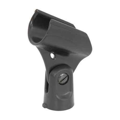 Chord MH30 plastic microphone holder in black, adjustable clip design for 26-30mm mic diameters with screw-tightening base, shown on a white background.