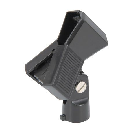 QTX spring clip microphone holder in black plastic with sprung jaws and silver thread adaptor screw, shown on a plain white background.
