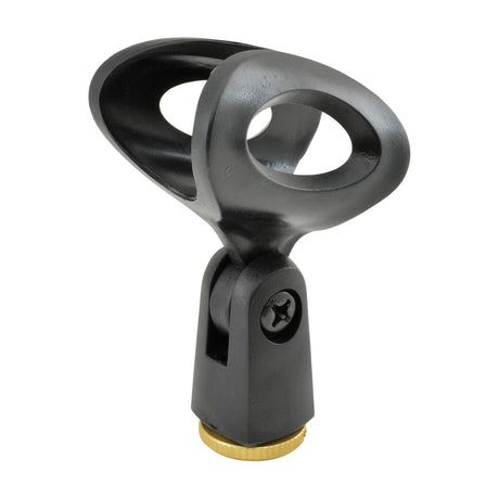 QTX flexible 30mm mic holder by AVSL in black plastic with an oval flexible grip, adjustable joint, and gold 5/8" threaded base on a white background.