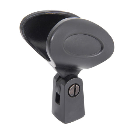 QTX flexible 40mm moulded plastic microphone holder with 5/8" threaded clip mount, shown in matte black against a plain white background.