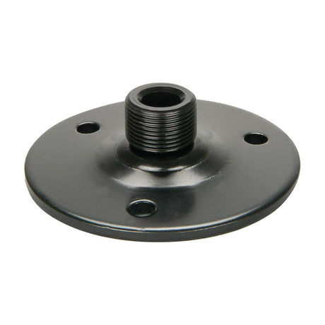 QTX gooseneck base in black metal with 5/8" threaded post and three screw holes on the circular flange, shown on a plain white background.