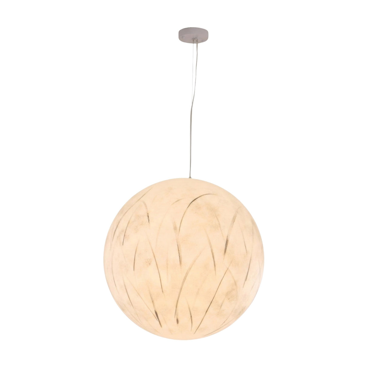 The Lunar Pendant Light - White is a round fixture with subtle leaf patterns, suspended from the ceiling by a thin wire and a small round mount.
