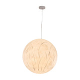 The Lunar Pendant Light - White is a round fixture with subtle leaf patterns, suspended from the ceiling by a thin wire and a small round mount.