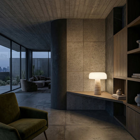 A modern, minimalist living room with concrete walls and floors, built-in wooden shelves, a green armchair, and a Tervel 1 Light Layered Stone Table Lamp in grey & white. Large windows showcase an outdoor space and city skyline at dusk.