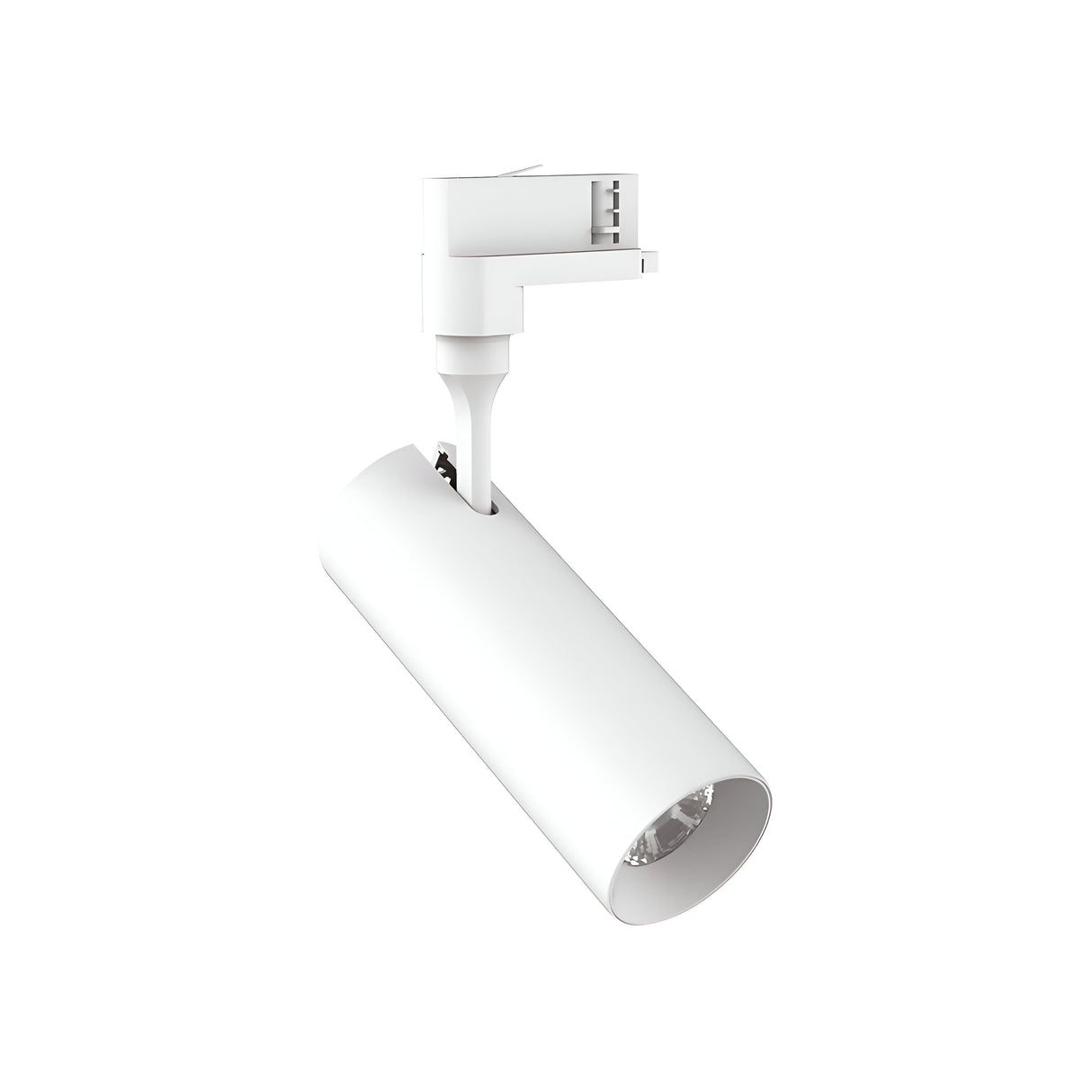 The Pristina LED Three Phase Track Spotlight 15W CRI80 24° 3000K in white boasts a sleek cylindrical design with an adjustable head for precise lighting. When mounted, the fixture's lens and bulb are visible as it angles downward against a plain white background.