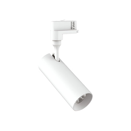 The Pristina LED Three Phase Track Spotlight 15W CRI80 24° 3000K in white boasts a sleek cylindrical design with an adjustable head for precise lighting. When mounted, the fixture's lens and bulb are visible as it angles downward against a plain white background.