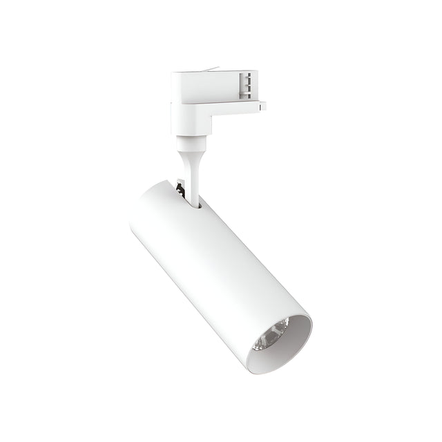 The Pristina LED Three Phase Track Spotlight 15W CRI80 24° 3000K in white boasts a sleek cylindrical design with an adjustable head for precise lighting. When mounted, the fixture's lens and bulb are visible as it angles downward against a plain white background.
