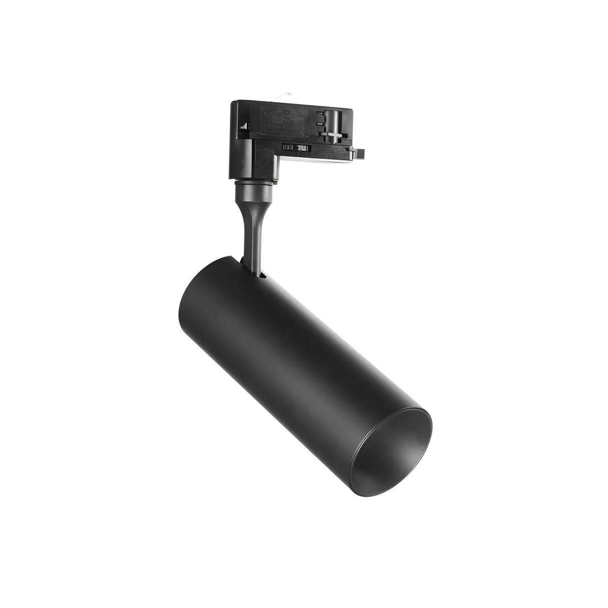 A Pristina LED Three Phase Track Spotlight in black, with a cylindrical design and matte finish, is displayed against a white background. The fixture includes an adjustable swivel mount for directional lighting and provides CRI90 lighting for improved color accuracy.