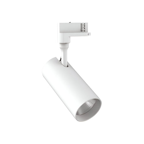 The Pristina LED Three Phase Track Spotlight 20W CRI80 24° 4000K in white, featuring a sleek cylindrical design, is positioned diagonally against a plain background. Its minimalistic style and CRI80 make it an ideal choice for contemporary interiors.