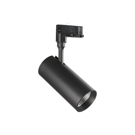 The Pristina LED Three Phase Track Spotlight 30W CRI80 24° 3000K in black, with its sleek cylindrical design, is highlighted against a plain white background. This LED spotlight includes an adjustable head mounted on a swivel arm for directing light at various angles to achieve optimal lighting precision.
