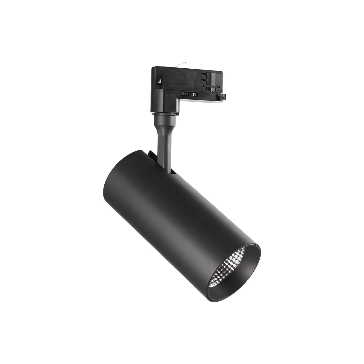 A Pristina LED Three Phase Track Spotlight in black, featuring a cylindrical shape with a sleek modern design. It is angled downward against a white backdrop, showcasing its electrical component at the top. This 30W spotlight serves as accent lighting and offers true-to-life illumination with an impressive CRI of 90 and a beam angle of 24°, emitting a warm 3000K light.