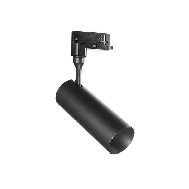 The Pristina LED Three Phase Track Spotlight in black features a cylindrical design with an adjustable head, intended for ceiling installation on a three-phase track. Its sleek and modern style ensures focused illumination in multiple directions.