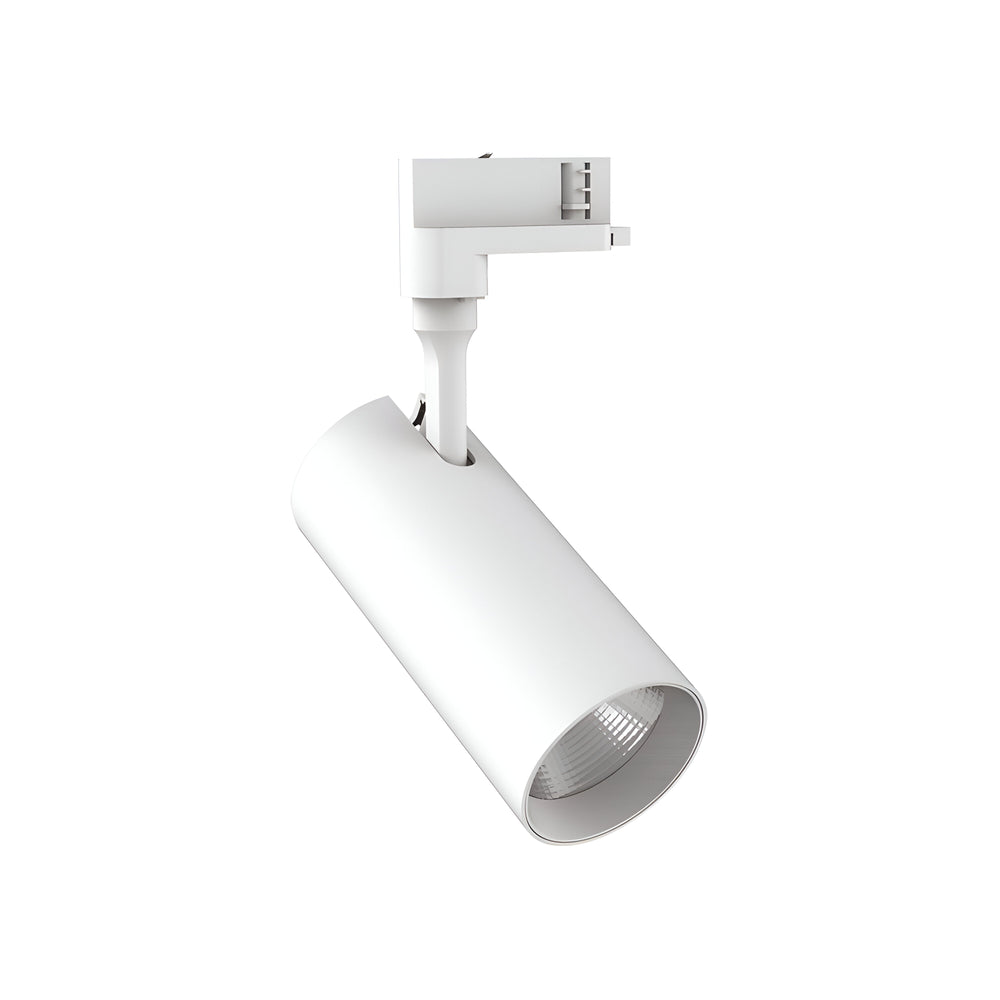 The Pristina LED Three Phase Track Spotlight 20W CRI80 36° 4000K in white is expertly designed for targeted lighting on a mounting bracket with adjustable directional capabilities. It boasts a sleek, modern design with a CRI80 rating, ensuring excellent color rendering, which makes it perfect for stylish interior settings.