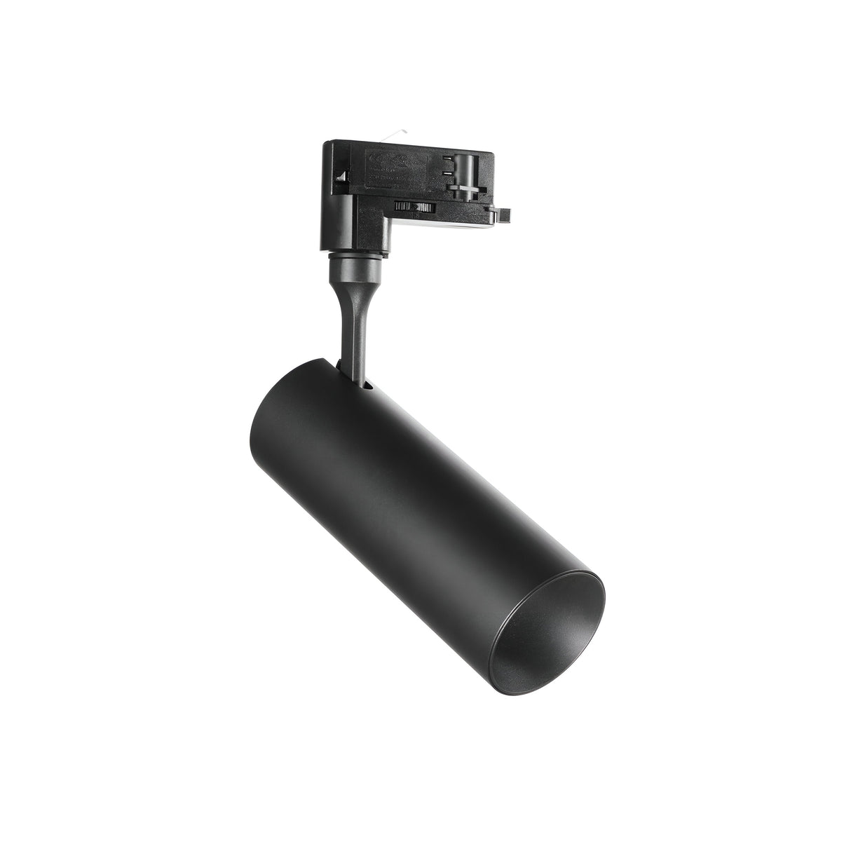 The Pristina LED Three Phase Track Spotlight, in black, offers a cylindrical design with an adjustable head for focused illumination. It's designed to be mounted on a Three Phase Track System and features a modern design with a CRI90 rating for excellent color accuracy.