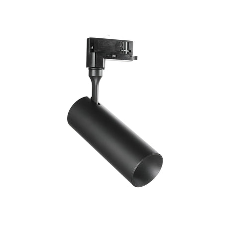 The Pristina LED Three Phase Track Spotlight, in black, offers a cylindrical design with an adjustable head for focused illumination. It's designed to be mounted on a Three Phase Track System and features a modern design with a CRI90 rating for excellent color accuracy.