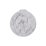 The Lunar Flush Ceiling Light - White features a round, frosted glass shade with gray streak patterns and a hand-painted finish, providing soft ambient lighting when mounted on the ceiling.