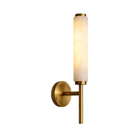 The Noctera LED Single Column Alabaster Wall Light in Soft White & Brushed Brass features a cylindrical frosted glass shade and brass metal base, mounted on a round backplate against a white background.