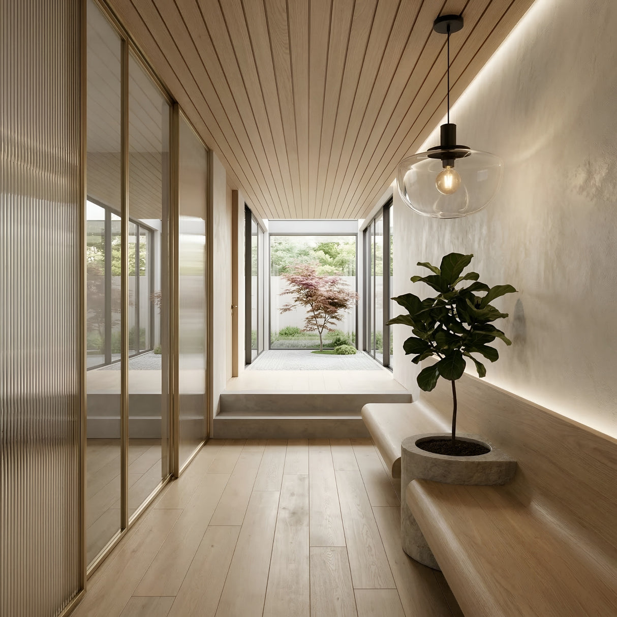 Minimalist hallway with light wood floors and ceiling, a built-in wooden bench, potted plant, and Verge 1 Light Pendant with smoked shade, plus smoked glass doors on one side and a view of a small courtyard garden with a tree.