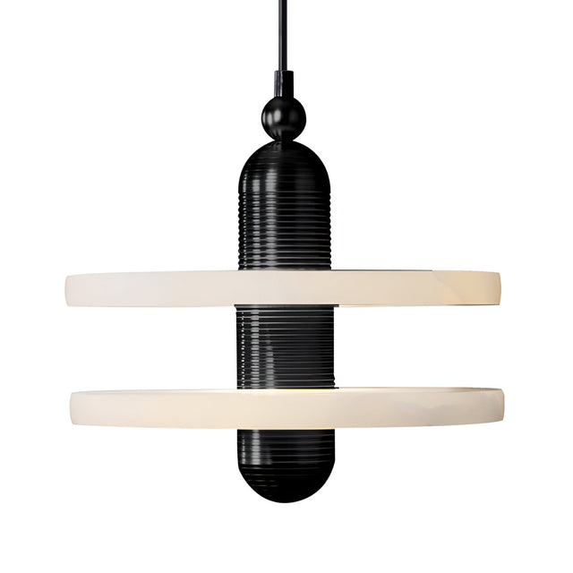 The Nyxara LED Small Double Tiered Alabaster Single Pendant Light features a modern matte black design with a cylindrical center and two soft white horizontal tiers suspended by a black cord.