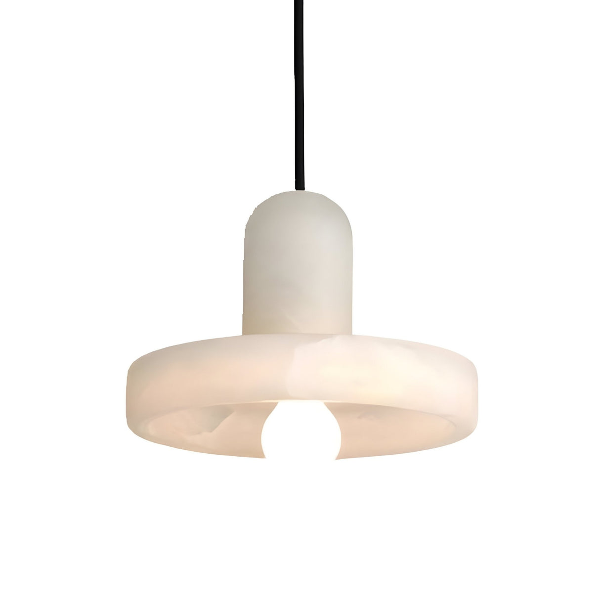 The Ophira 1 Light Small Disc Alabaster Single Pendant Light in Soft White features a modern, cylindrical top and wide ring-shaped shade, suspended by a black cord against a plain white background.