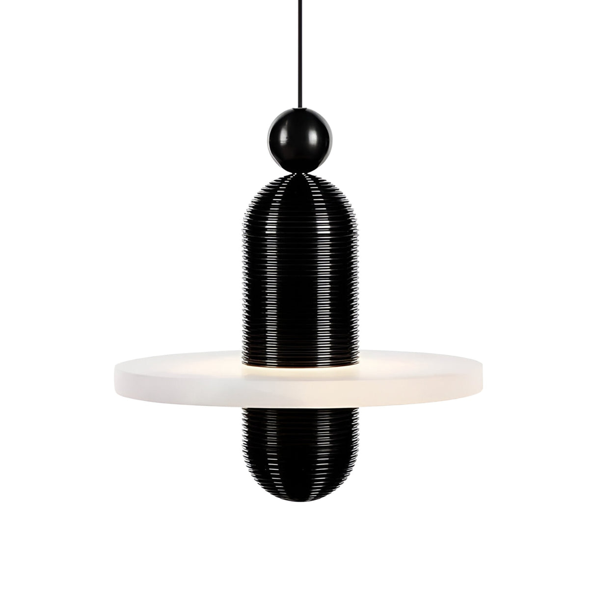 The Nyxara LED Small Tiered Alabaster Single Pendant Light features a black ribbed cylinder, a black sphere on top, and a wide flat soft white circular alabaster shade, all suspended from a black cord against a plain white background.