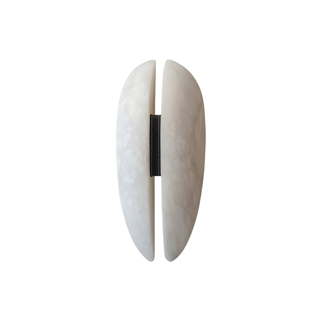 Two smooth, white, oval shapes with slightly pointed ends sit side by side, separated by a slim matte black strip—evoking the design of the Majorae LED Small Split Alabaster Wall Light in Soft White & Matte Black.